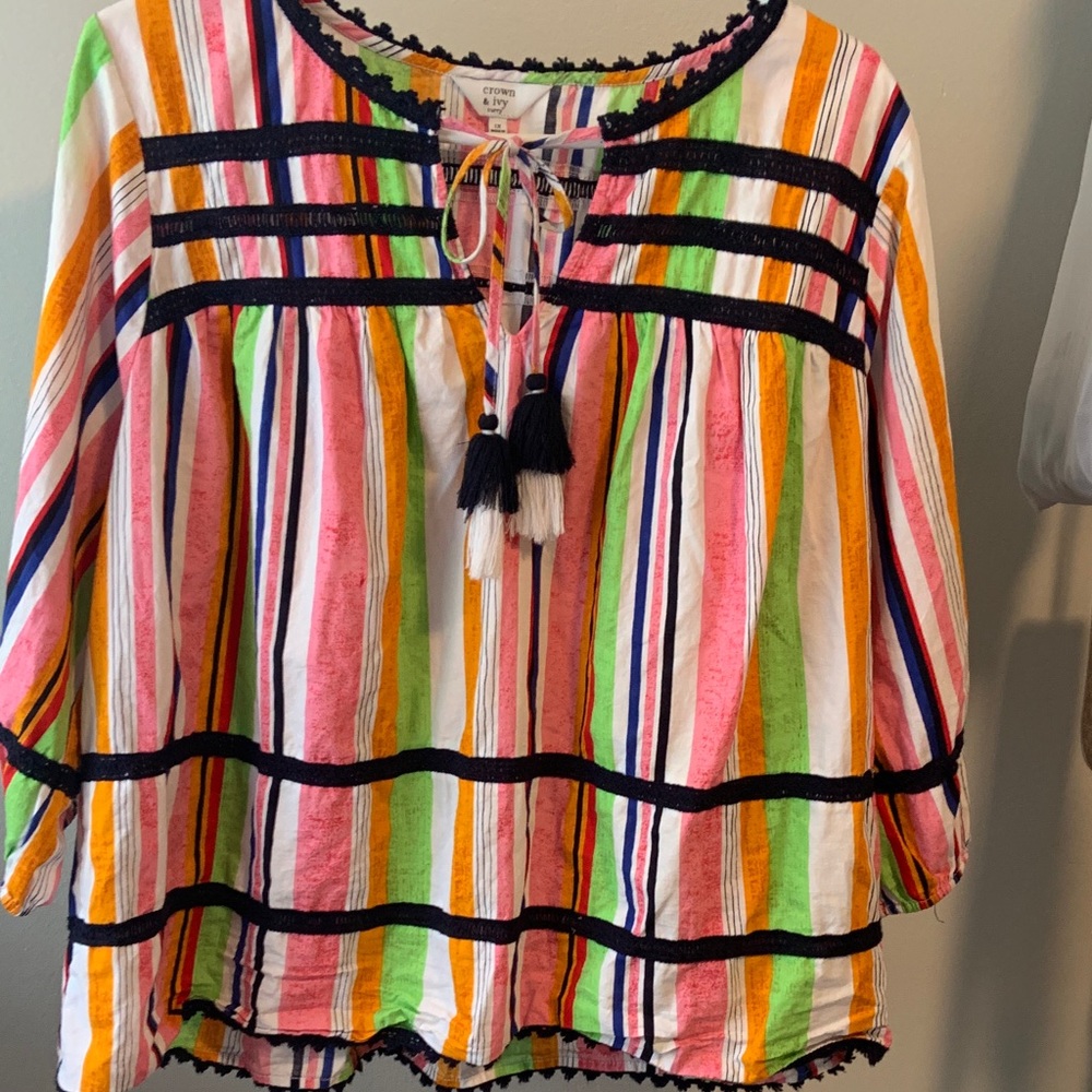 crown & ivy Multicolor Striped Blouse with Tassels